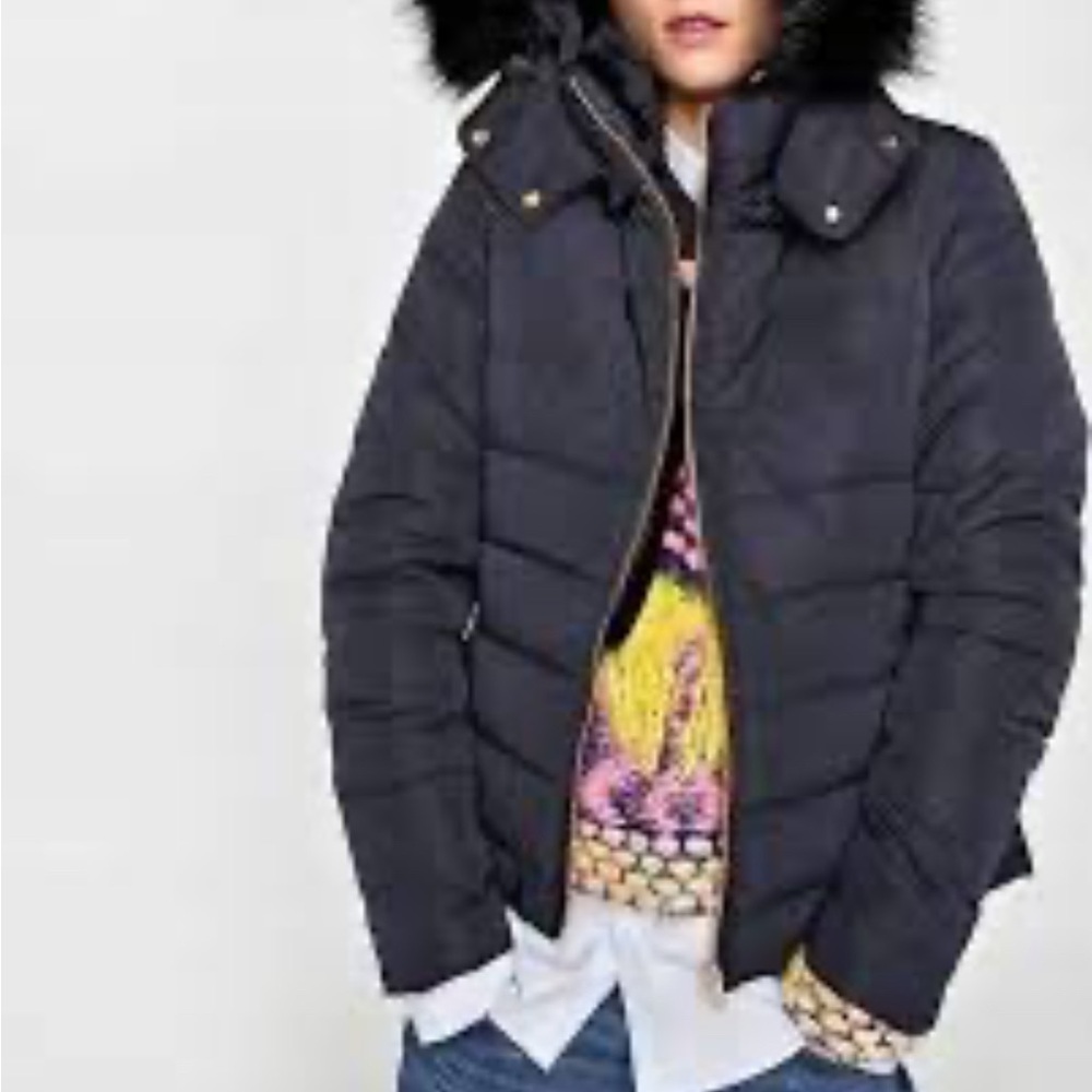 Zara Navy Women's Black Puffer Jacket with Hood